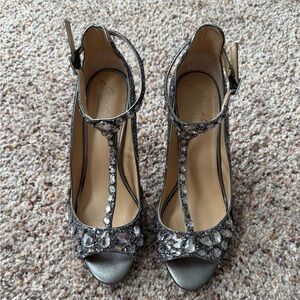 Badgley Mischka Silver Embellished T-Strap Heels